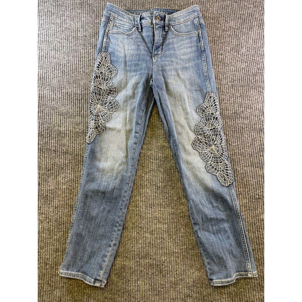 White House Black Market Straight Jeans 2 Blue Lace Crochet Applique Cotton